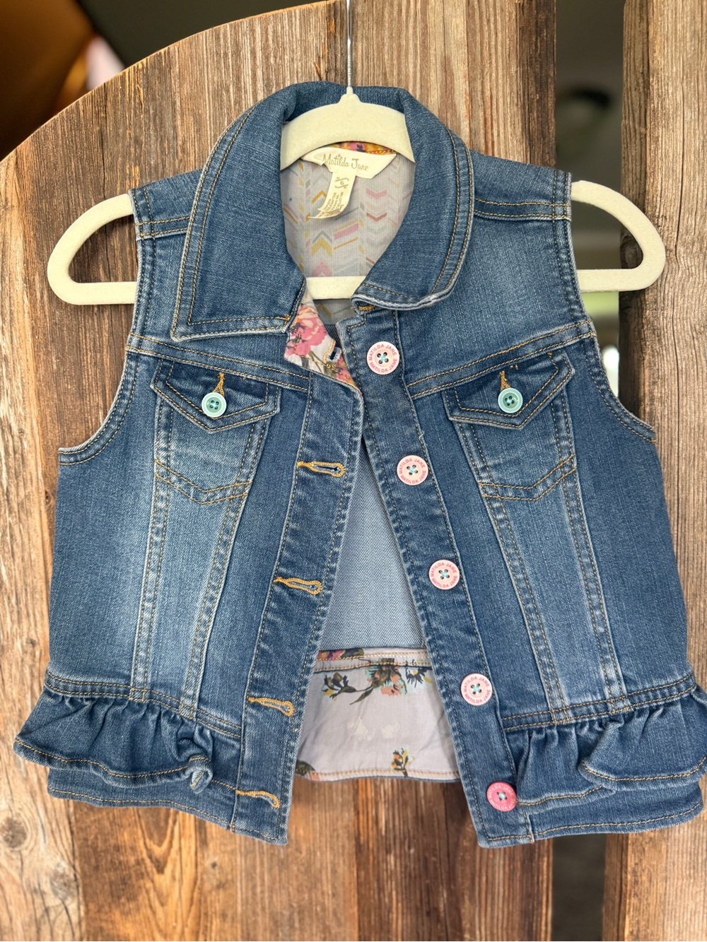 Matilda Jane Denim Ruffle-Hem Girls' Vest - Blue with Pastel Buttons
